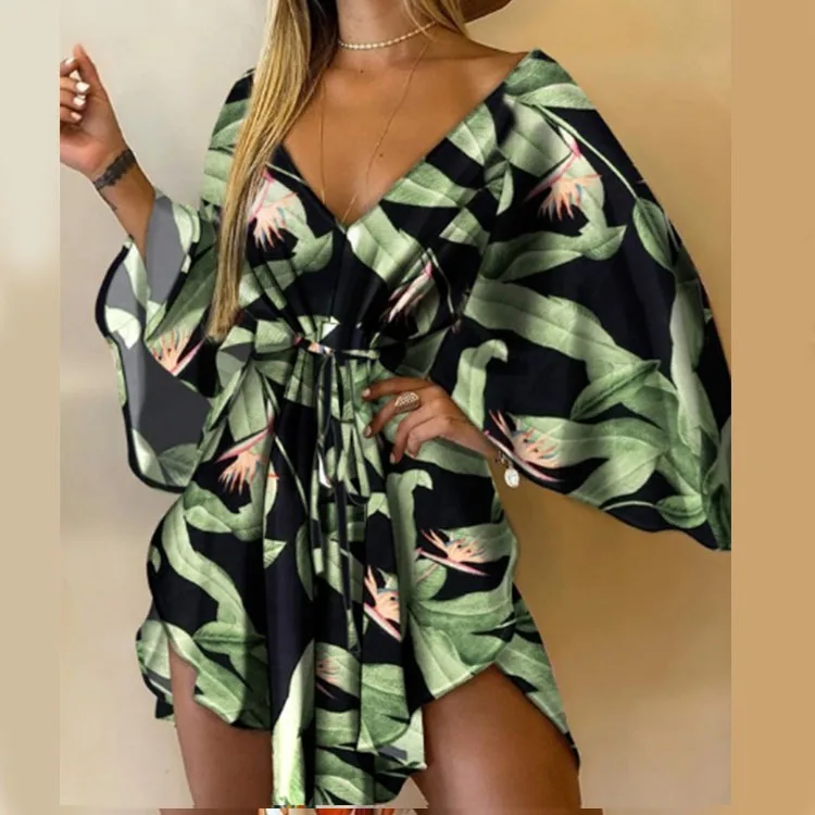 Batwing Sleeve Sexy V-Neck Leaf Print Party Dress Women Elegant Lace-Up Waist Dress Casual Irregular Beach Dress