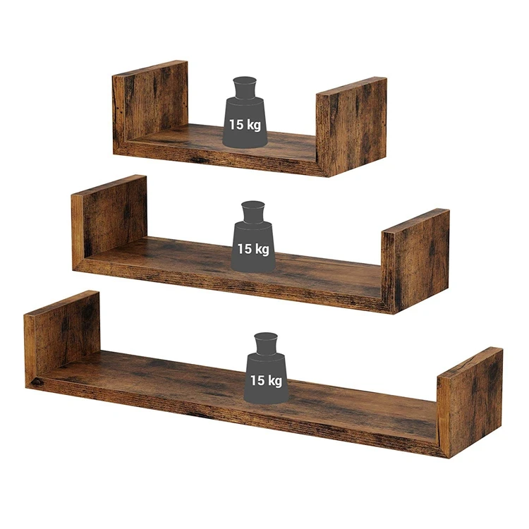 VASAGLE Living Room Bedroom Rustic Brown U-Shaped Decorations Set of 3 Wall Shelves Vintage-Style Wall-Mounted Floating Shelves