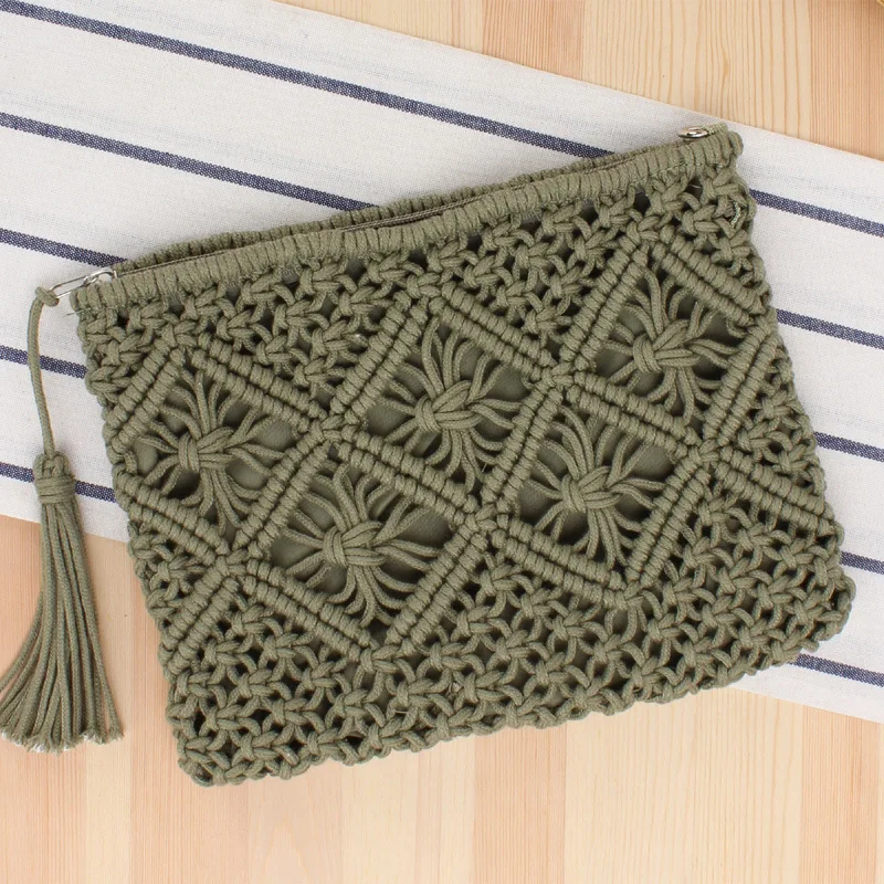 Fashion Vietnam Turkish Thailand Handmade Knitting Bag Crochet Cutout Woven Cotton Rope Bag Handbag Beaded Envelope Clutch Bag