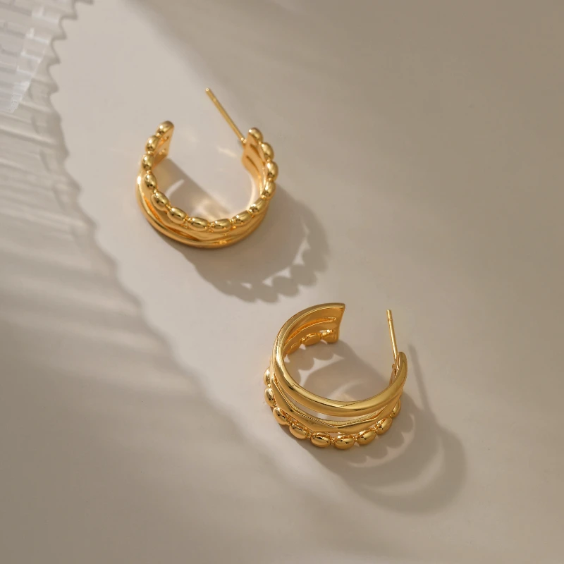 Hot Selling Women Jewelry Type C Shape Beads Ear Stud Open Hoops 18K Gold Delicate Earrings Suitable for Everyday Wear
