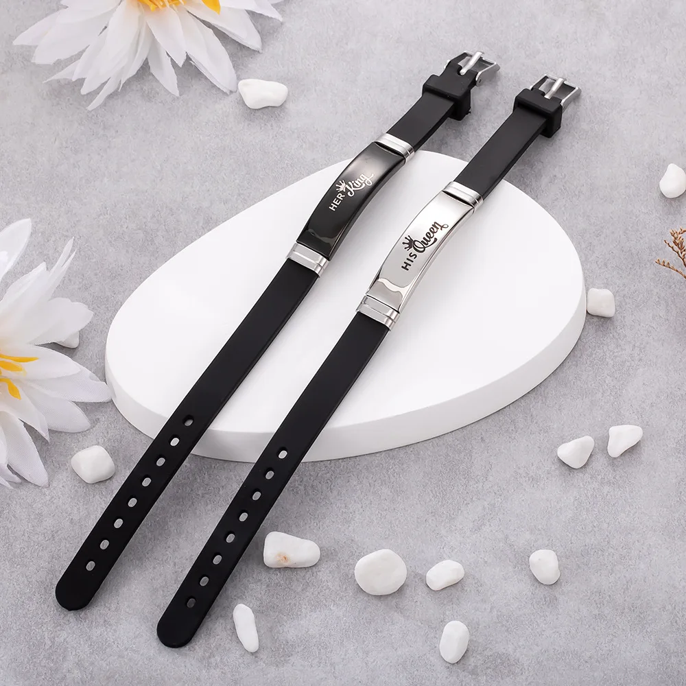 Simple Classic Stainless Steel Set Hand Jewelry Queen King Crown Pattern Personalized Couple Adjustable Silicone Bracelet