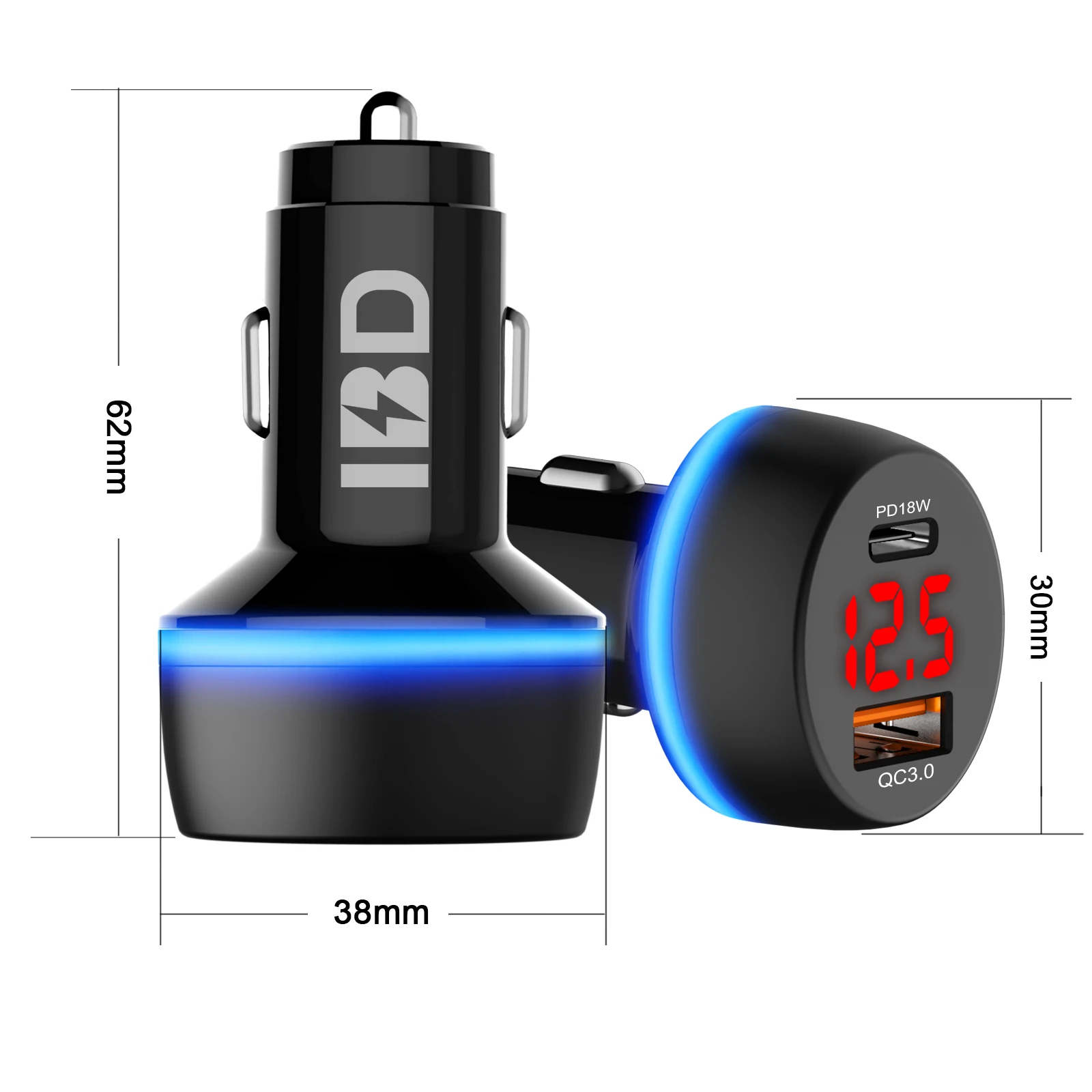  IBD2020 newest design led display dual-port usb car charger qc3.0 with pd 18w