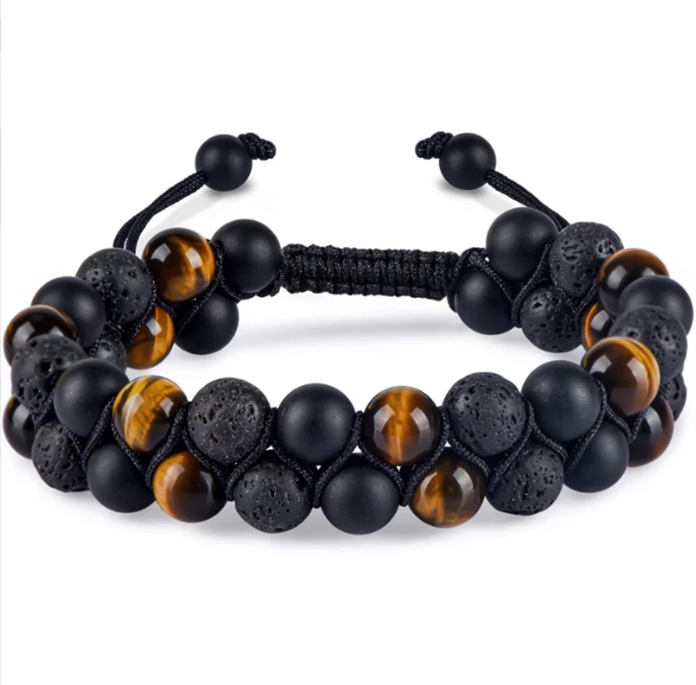 adjustable rope bracelet double layered bracelet 8mm lava bead bracelet for men