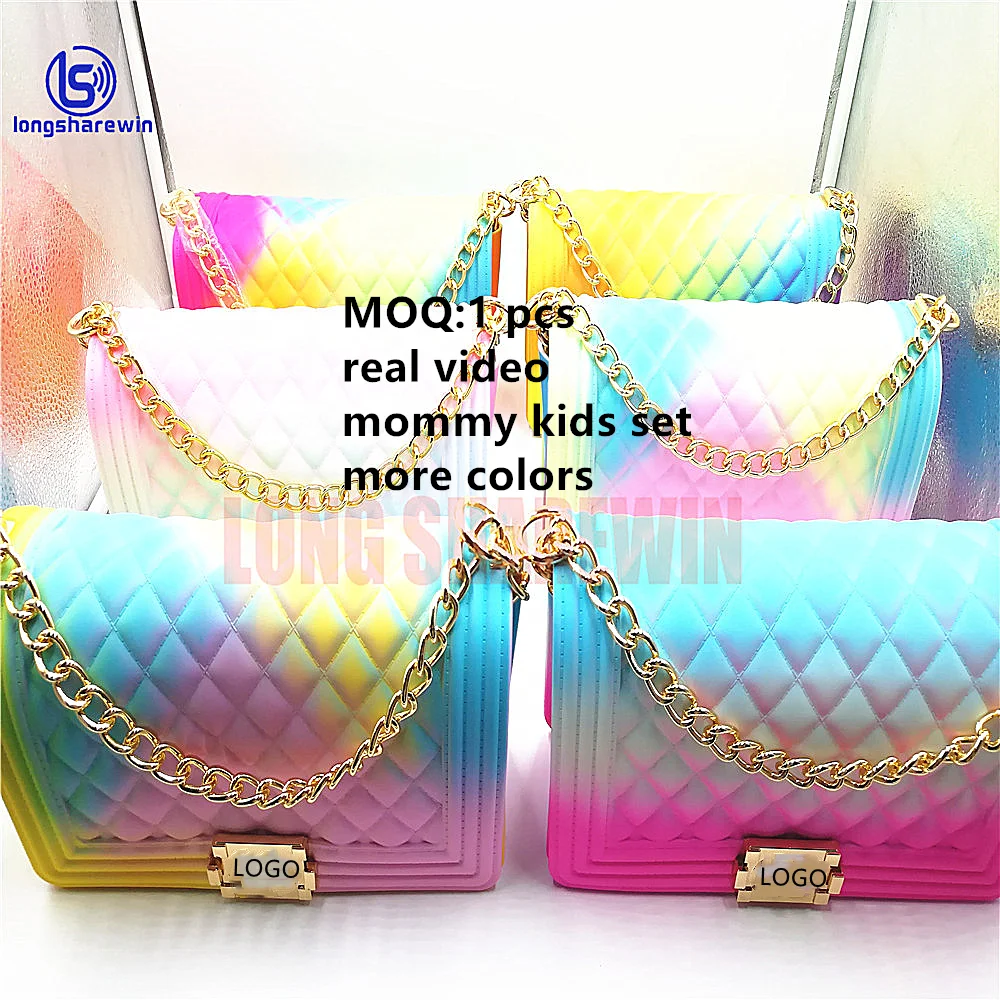 free samples on sale trend fashion rainbow gradient pvc bags jelly bag with popular shoe real fur slides purse and handbags