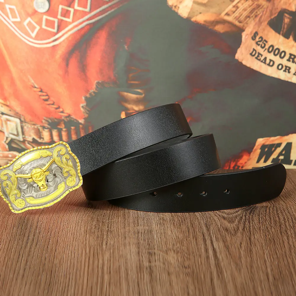 Ремень мужской из натуральной кожи шириной 1 1/2 дюймов с пряжкой ковбойской на голове быка