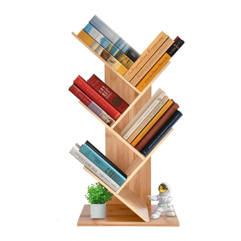 Multifunctional unique 4 tier bamboo bookshelf storage display rack to maximize vertical space cool tree shape shelf organizer
