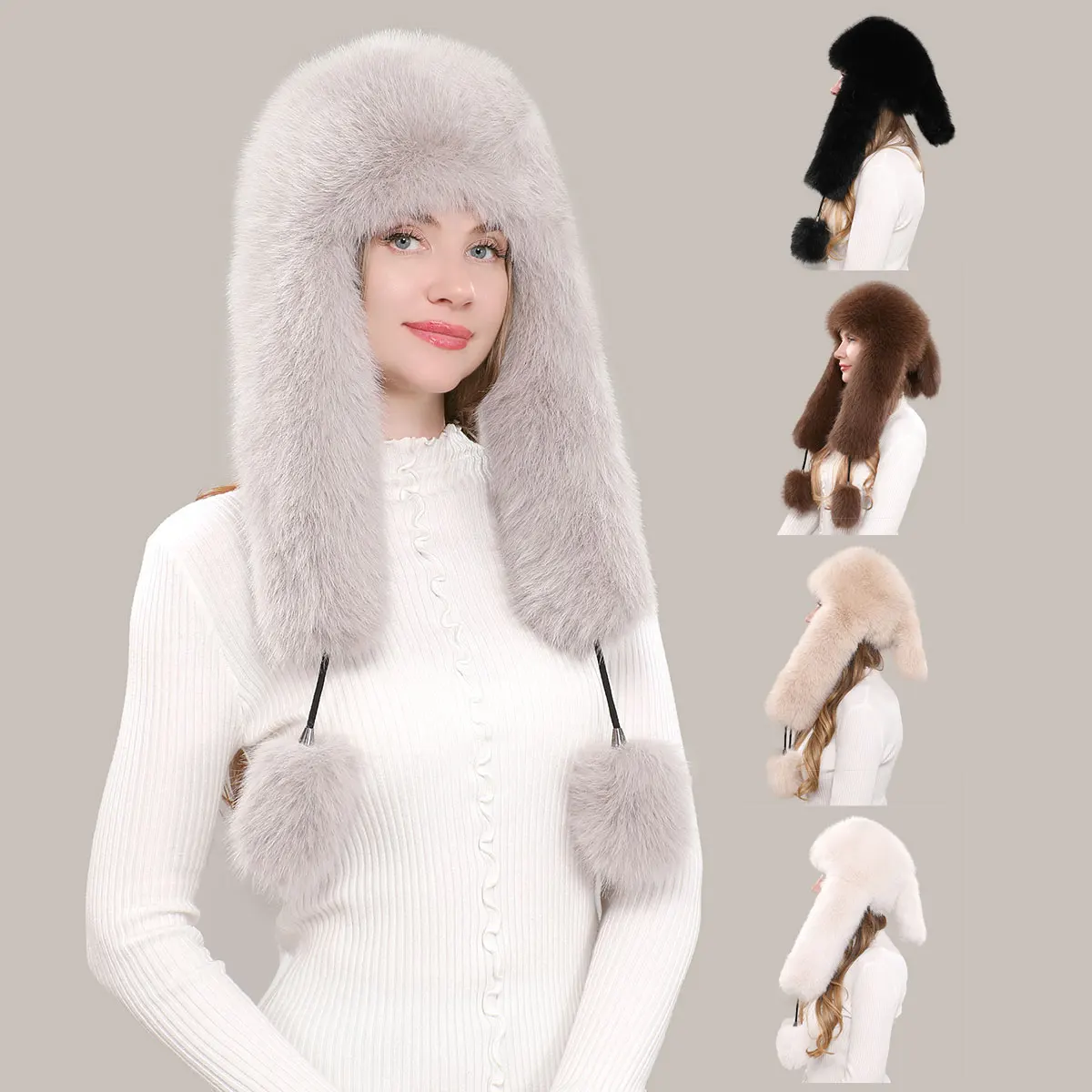 New Style Faux Fur Earmuffs Lei Feng Hat For Women Autumn And Winter Ski Windproof Warm Fake Fox Fur Pullover Pilot Hat