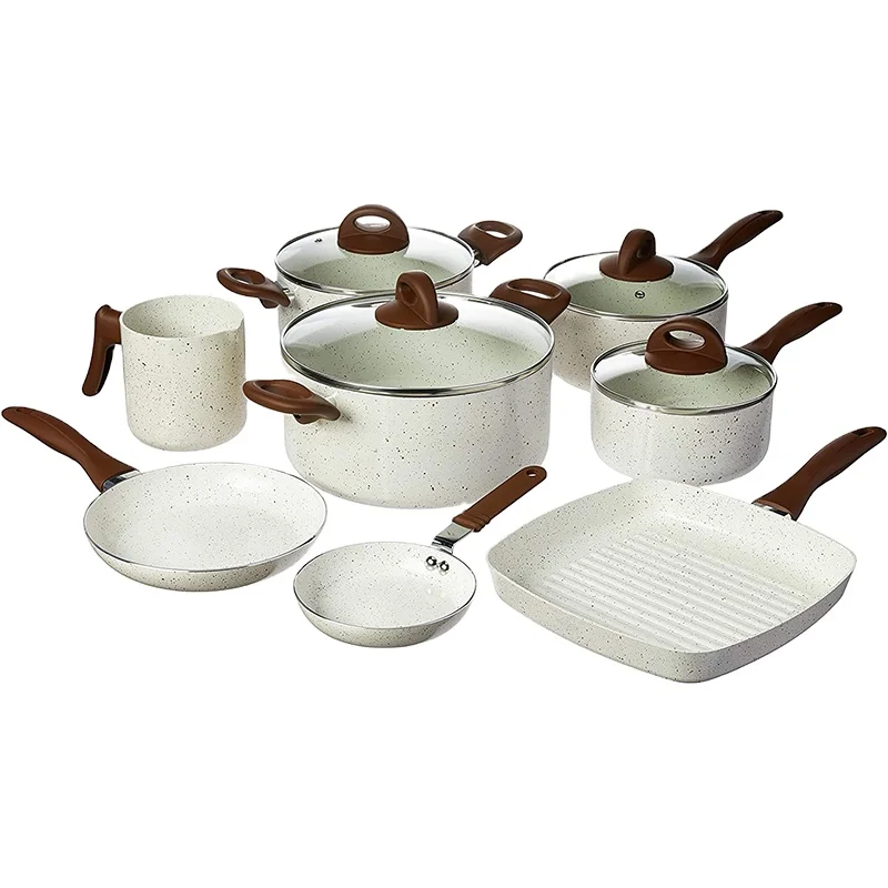12pcs Forged Aluminum Wooden Bakelite Handle Pots and Pans Nonstick Cookware Sets
