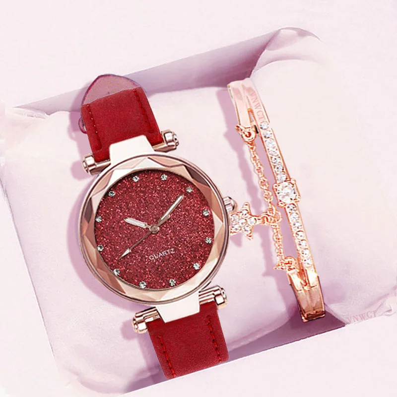 Women Romantic Starry Sky Watch Bracelet Pu Leather Rhinestone Designer Ladies Clock Bracelet Watches Set