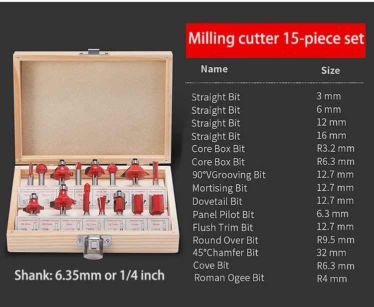 HIERKIN 15pcs/set woodworking milling cutter carbide router bits for wood engraving cutting tools milling cutter