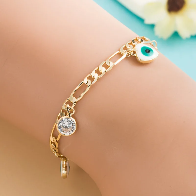 Hot Sale 14K Real Gold Plated Round Devil Eyes Women Bracelets Dripping Oil Love Heart Evil Eyes Figaro Chain Bracelet