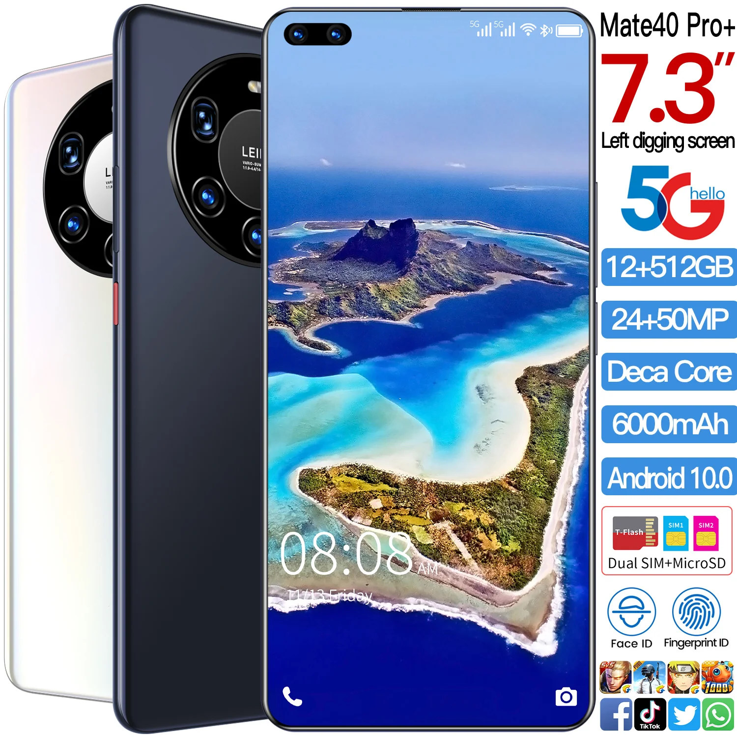 
Mate 40 Pro+ Hot Selling 12GB+512GB 7.3Inch full Display Android 10.0 Mobile Phone Cell Phone Smartphone 