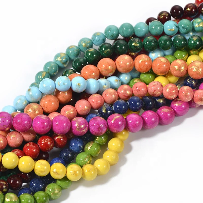 Cliobeads wholesale natural stone 6mm 8mm Gold Foil Dyed Jade Round Gemstone loose Beads For Jewelry Making