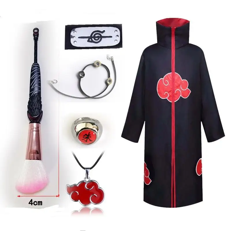 4 Styles Akatsuki Cloak Anime Costumes Akatsuki Red Cloud Cosplay Prop Party Costume Cloak+Necklace+Ring+Brush+Headband Set