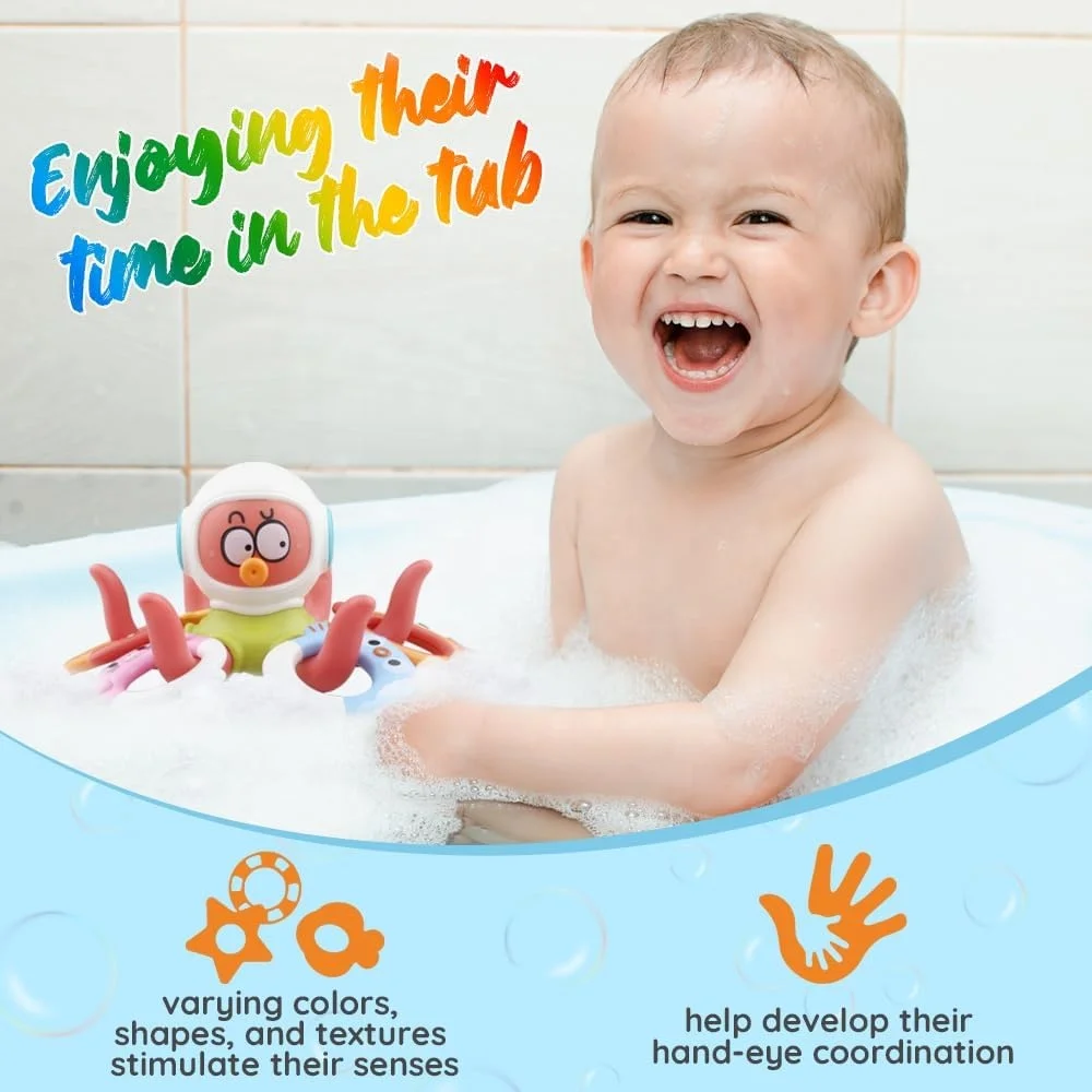 Floating Octopus Bath Toy with 5 Rings Baby Bathtub Toys Interactive Swimming Pool Water Toys for Toddlers Babies Gift