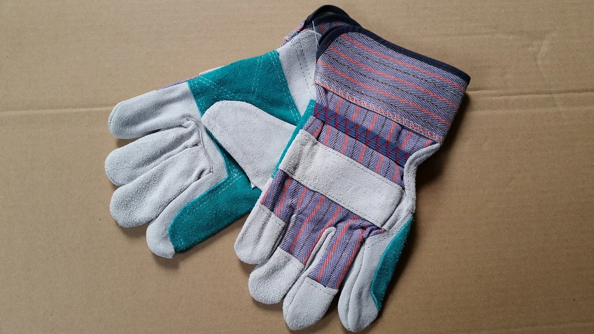 Hot sale welding gloves reinforced double palm leather cow split leather candy strip work gloves