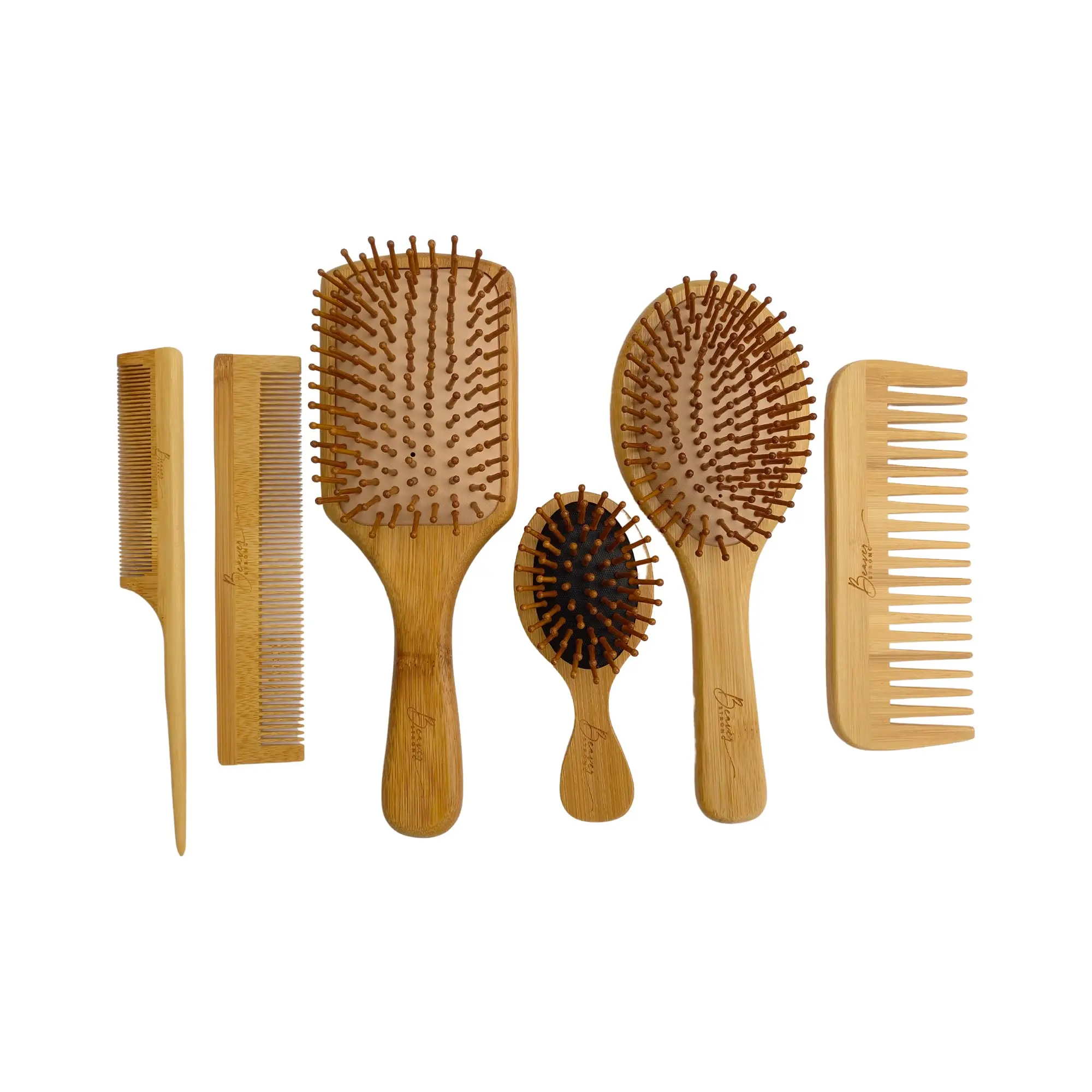 6 in 1 Wooden Natural Bamboo Detangling Hair Brush and Comb Set