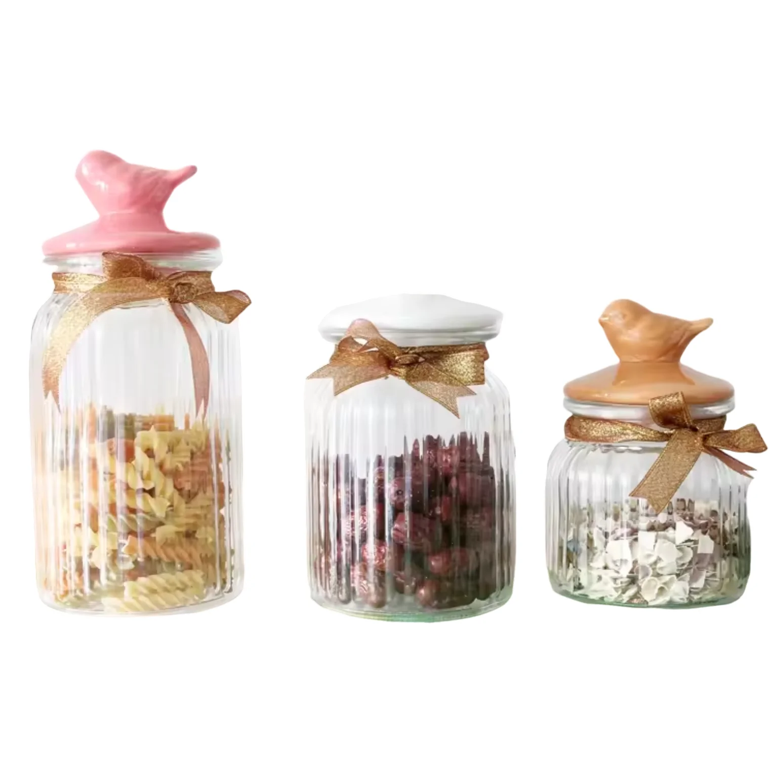 Glass Jar Canister with White Pink Ceramic Lid Heart Heartful Bird Flower Butterfly Ceramic Lid and Round Ecofriedly Basket Rack