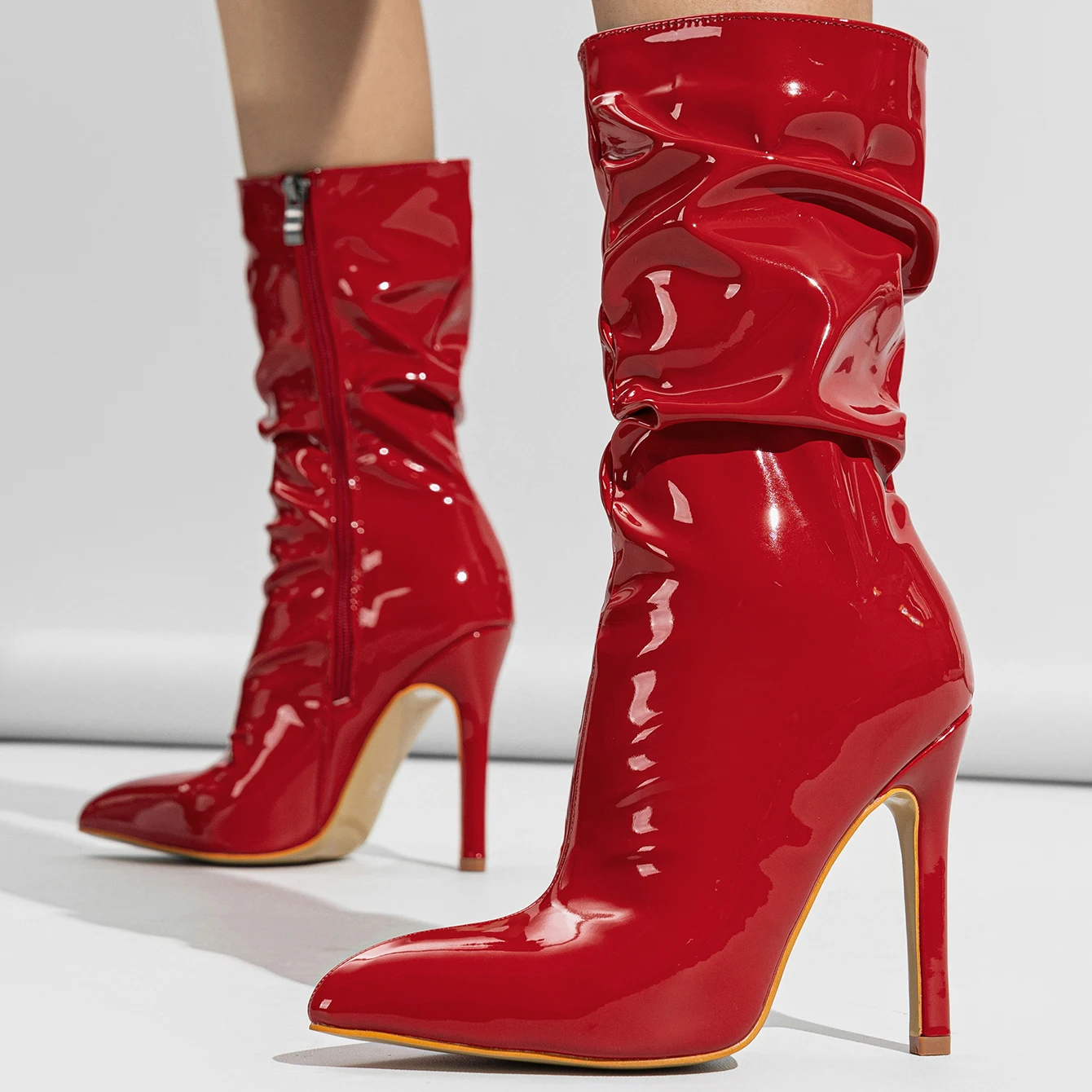 Hot sale ready stock pointed stiletto pile boots patent leather bare shoes short tube high heel Knight boots 42