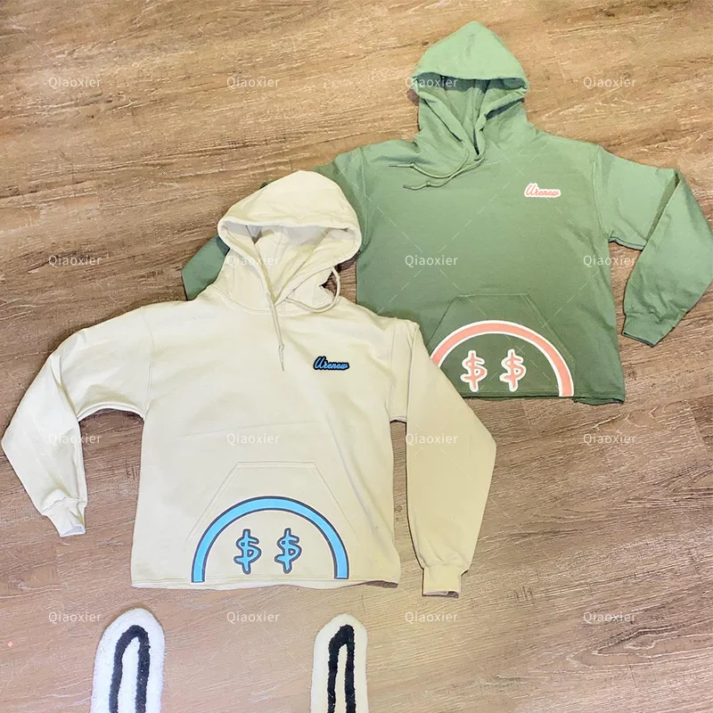 Custom puff printing logo blank oversized pullover heavyweight French terry cropped cut edg raw hem unisex hoodies