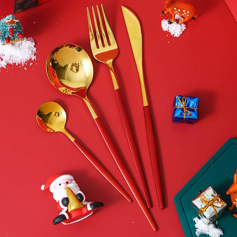
Christmas Cutlery Hot Sale Luxury 24 Pieces Food Grade Stainless Steel Black Gold Flatware Set With Gift Box 
