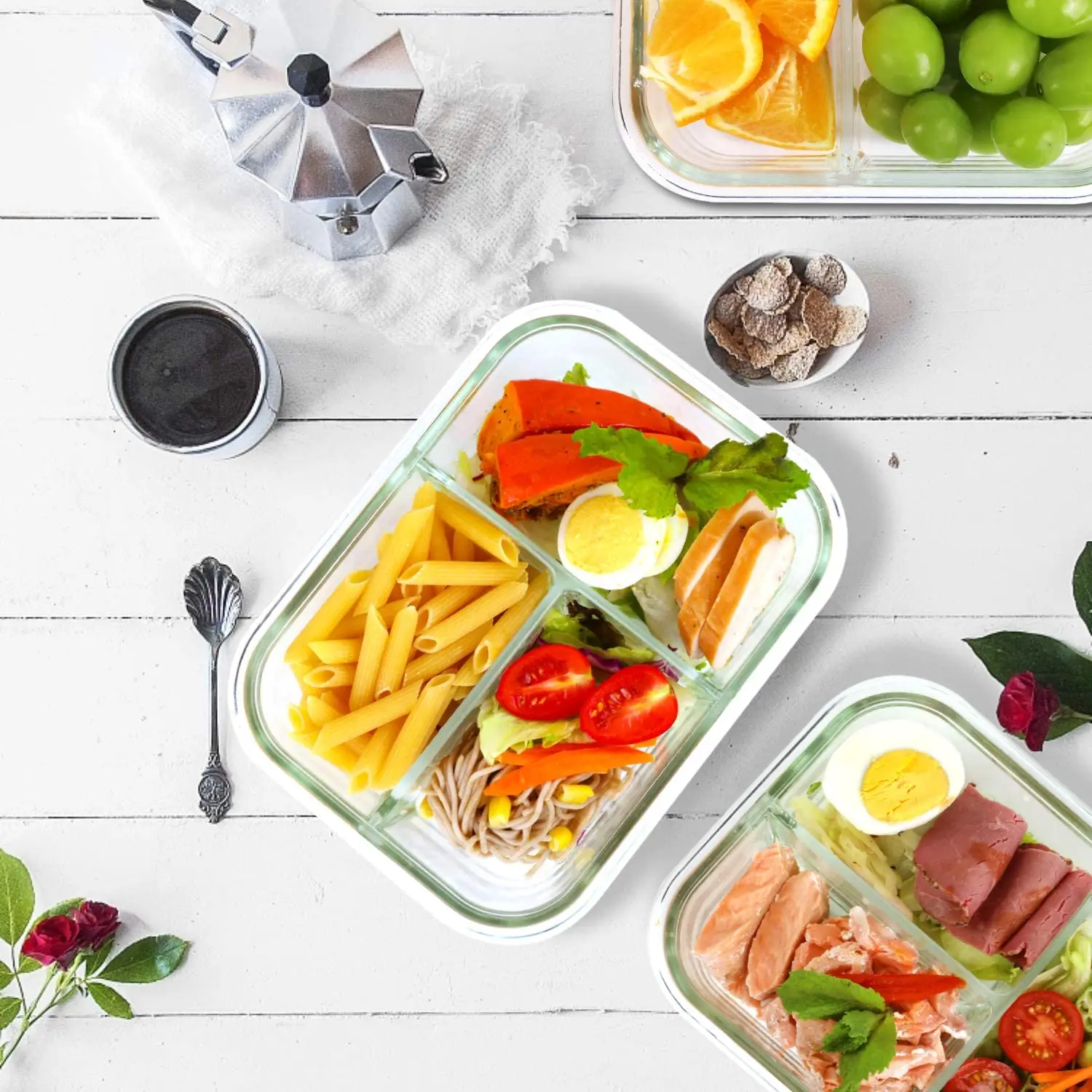 8 Pack Glass Meal Prep Containers 3 Compartment Glass Food Storage Containers with Lids Airtight Glass Lunch Boxe