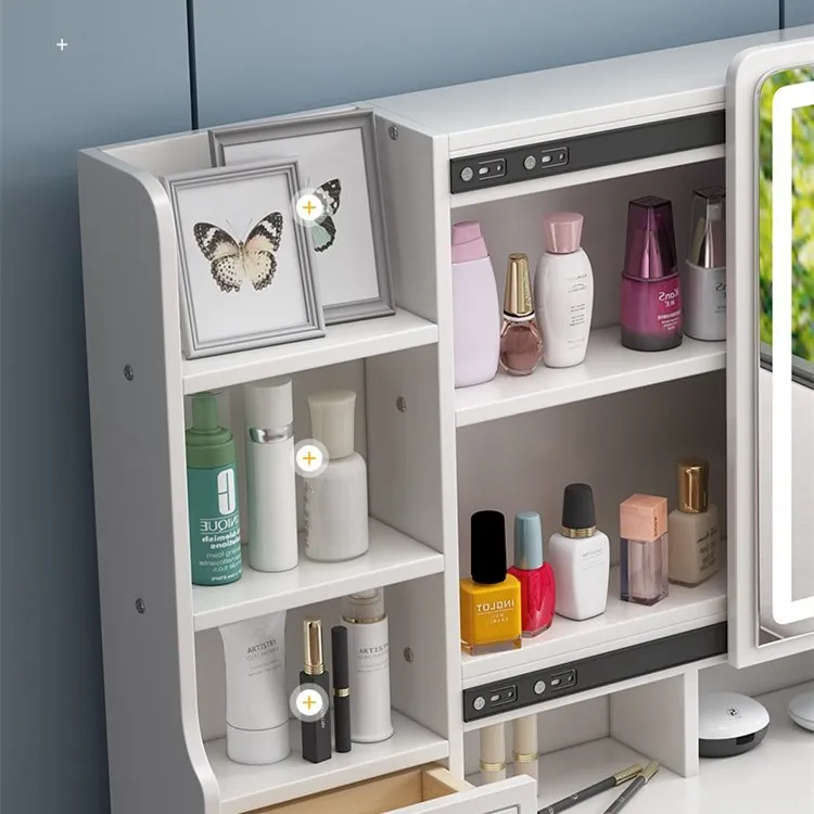 
MDF Cherry Mirrored Dressing Table with LED sliding Mirror 