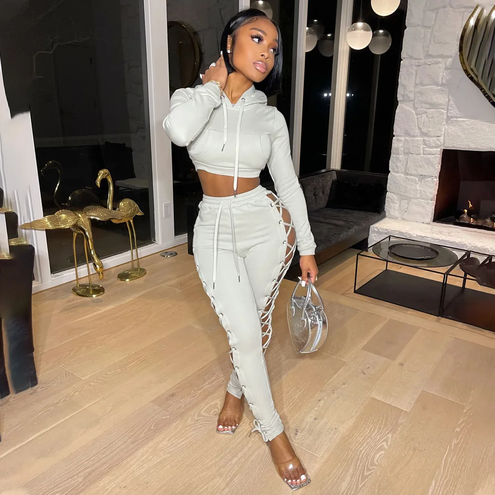 Ready to Ship Wholesale 2 Piece Set Women Sexy Crop Top Zip Hoodies Two Pants Fall Outfits Woman
