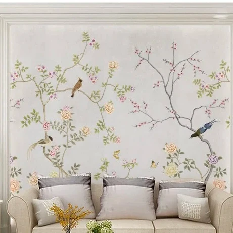 Chinese style wall fabric living room  bedroom TV background wall flower and bird wall cloth home decoration  wallpaper