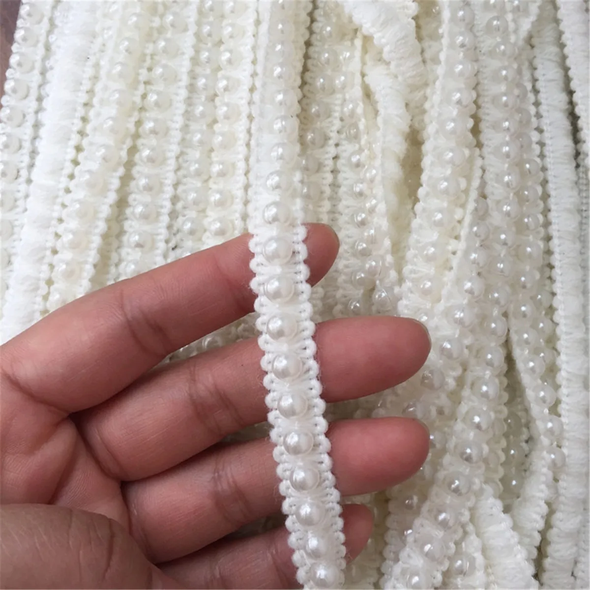 1.2cm Width Knitting Wool Pearl Beaded Lace Trim Edge Ribbon Fabric for Sewing for Decorative Objects