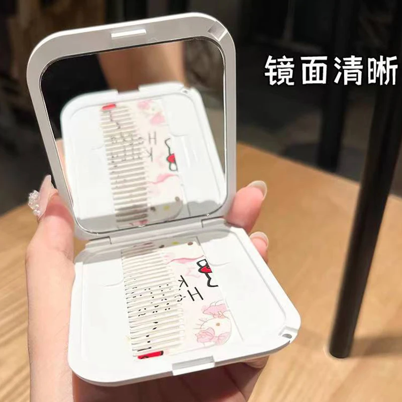 INS Hot Logo Custom Wholesale Single Side Small Cute Kitty Round Square Portable Makeup Mirror With Comb Makeup Hand Mirror Gift