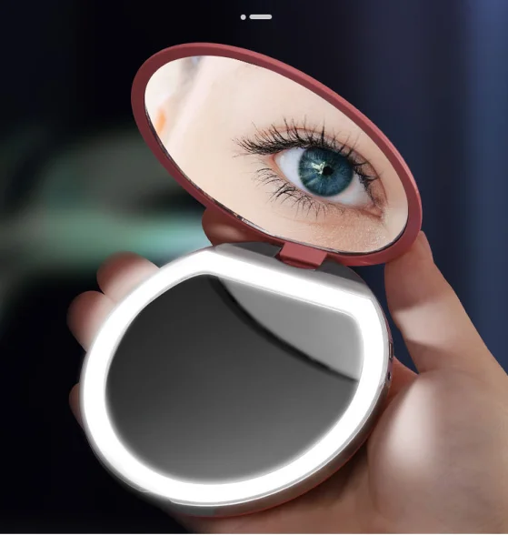 Folding Travel LED Light Makeup Mirror Compact Mirror 10X Magnification 2-sided Makeup Box With Led Light Mirror