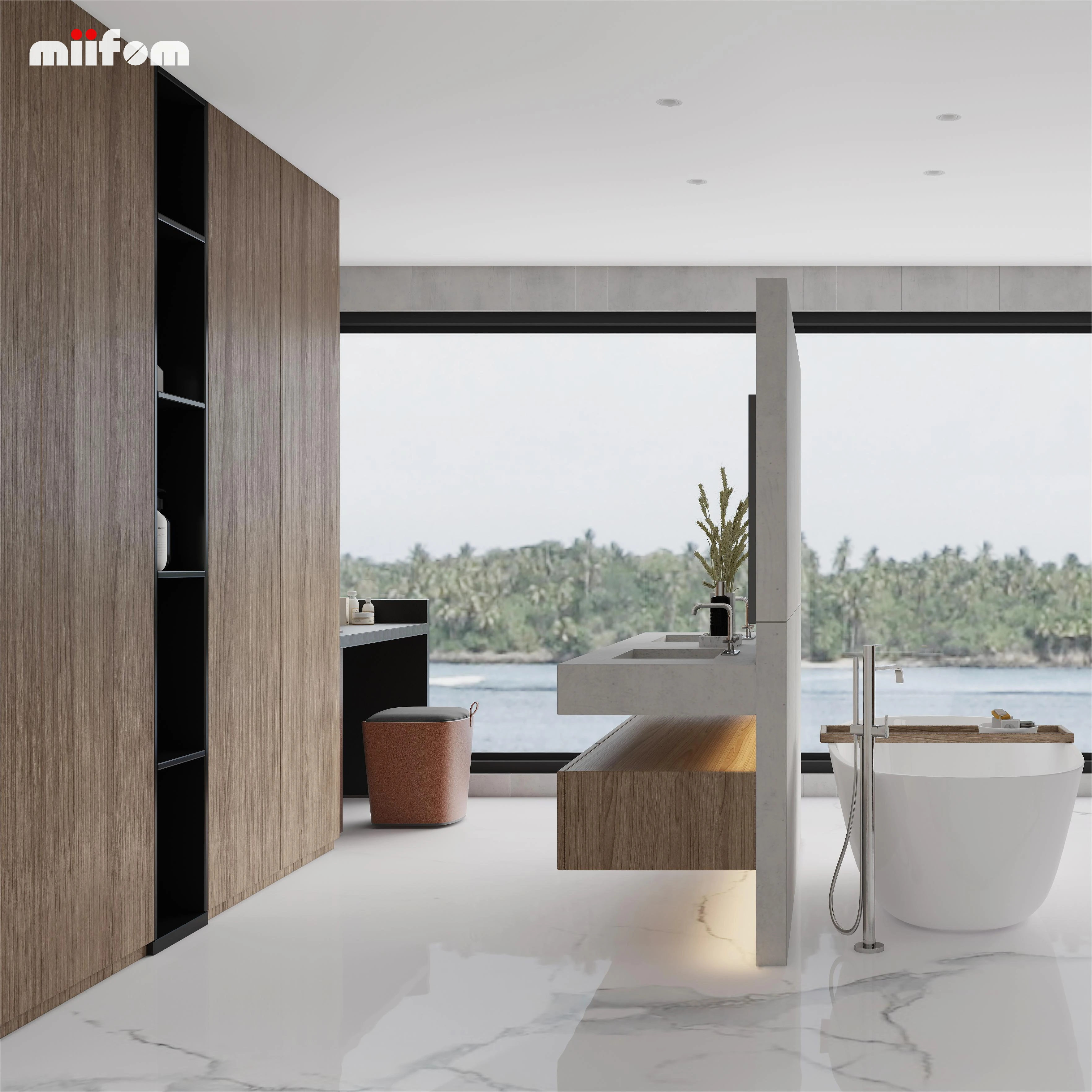 Minimalist Wood Grain Special Suspension Design Bathroom Wall Cabinet with Thick Countertops