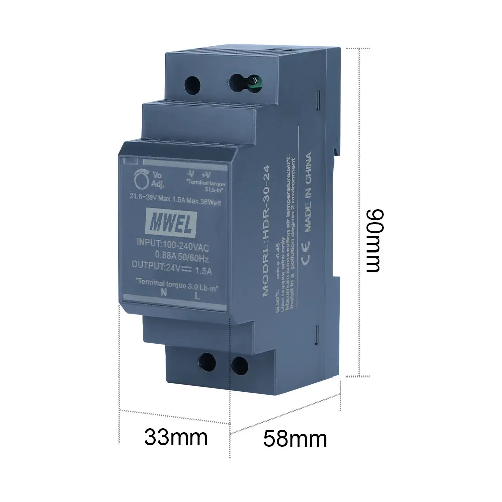 Overload Protection MWEL HDR-30-24 30W 24V 1.3A Power Monitoring Din rail 24v power supply