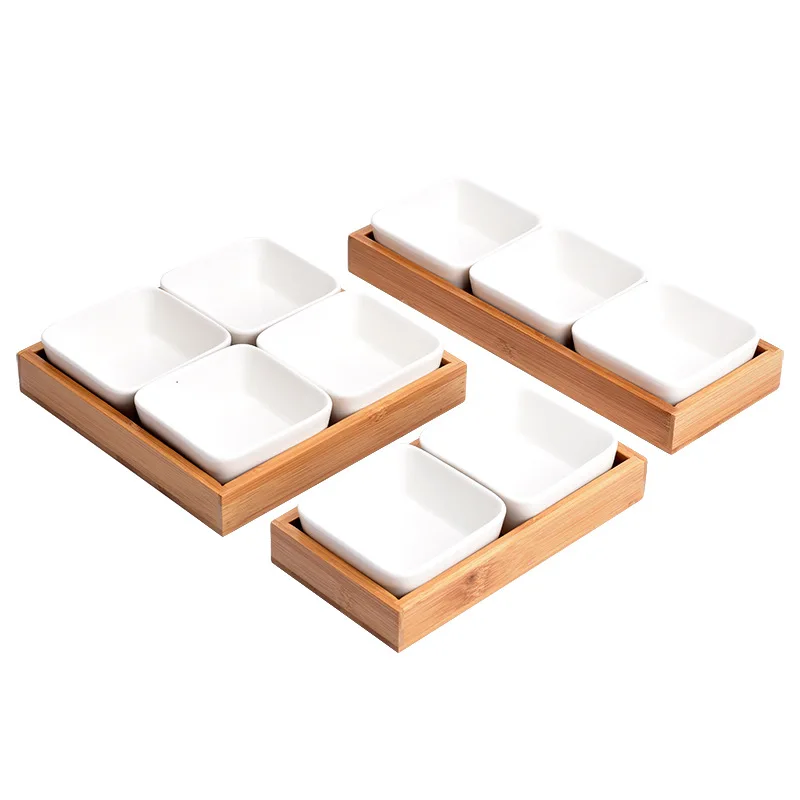 Removable Fruit Ceramic Compartment Bowls with Bamboo Serving Tray