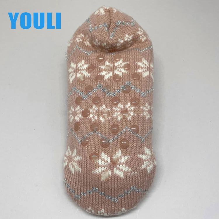 Зимние женские толстые домашние туфли, бархатные плюшевые кашемировые Рождественские снежинки, домашние тапочки с люрексом и бантом, теплые носки для пола