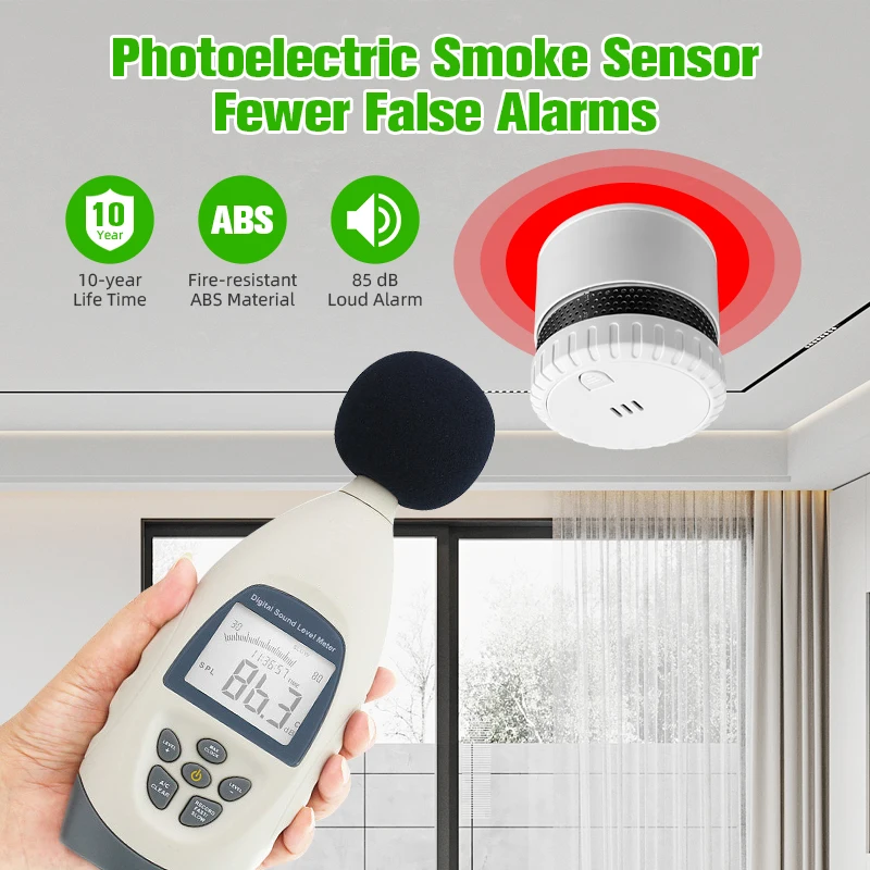 Customizable 85Db Wireless Hotels Smoke Leak Detectors/Alarms Photoelectric Standalone Mini Smoke Alarm 10 Year Battery