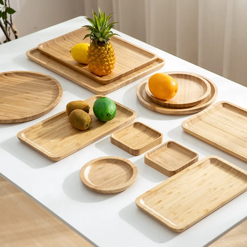 Natural Bamboo Square Serving Tray Round Coffee Tea Table Tray Plate Dish