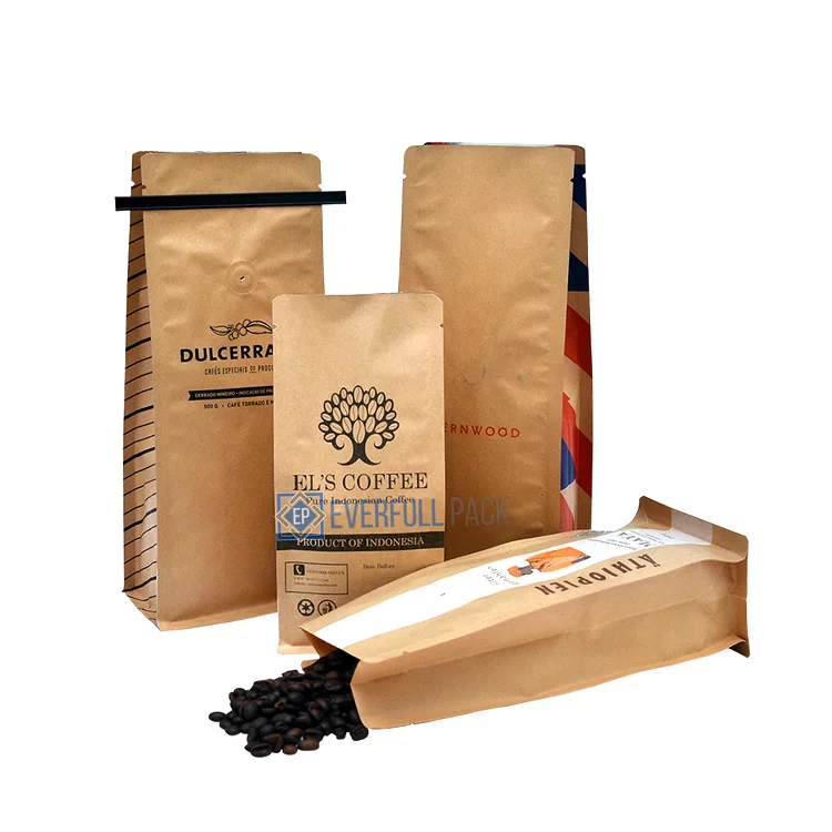 Custom Printed Brown 100G 250G 500G 1Kg Bottom Tea Coffee Beans Doypack Packaging Paper Kraft Pouch Bags With Valve And Zipper
