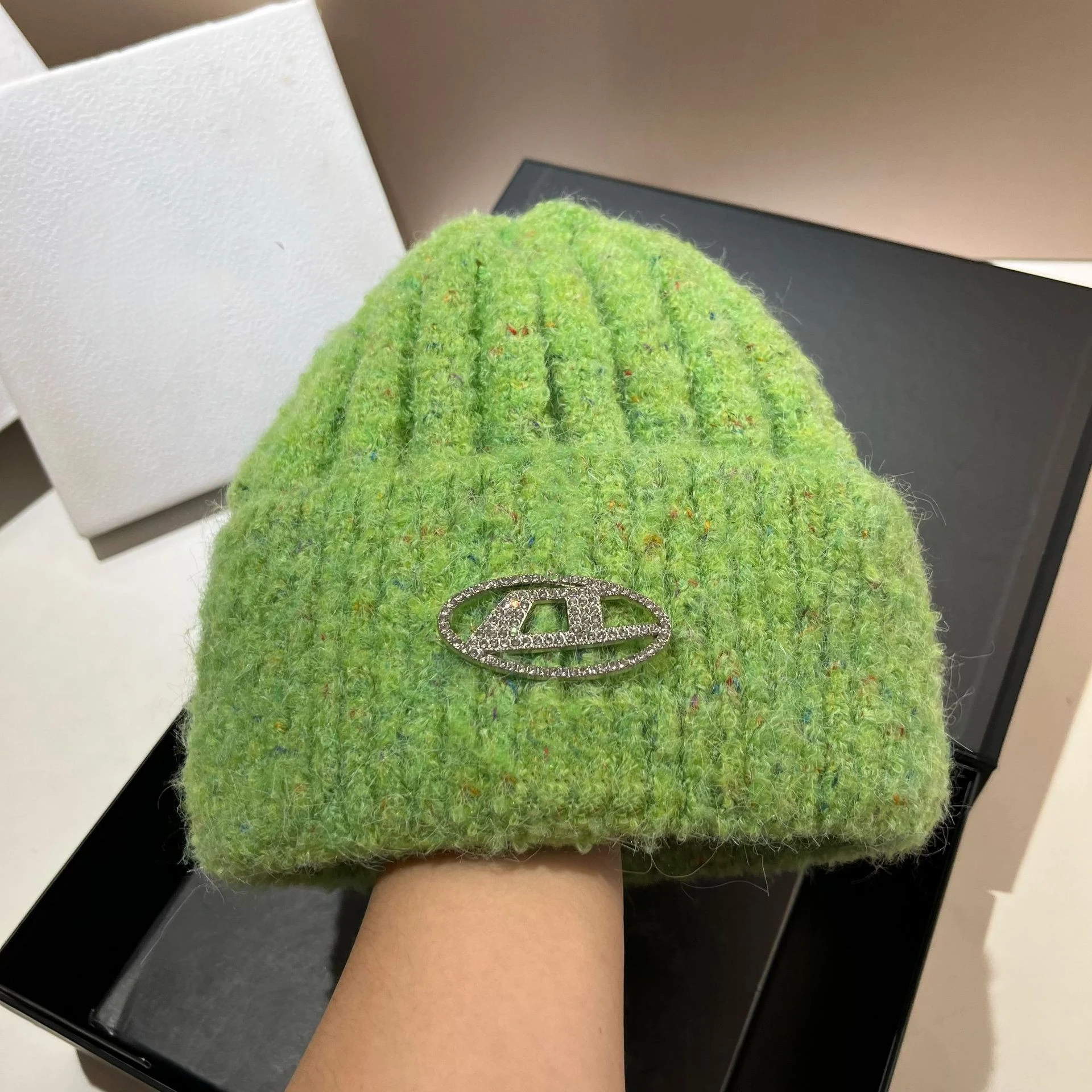 Mixed Color Wool Blend Knitted Plush Hat Female Cold Winter Warm Thicken Woolen Cap Earmuffs Beanie With Rhinestone Alloy D