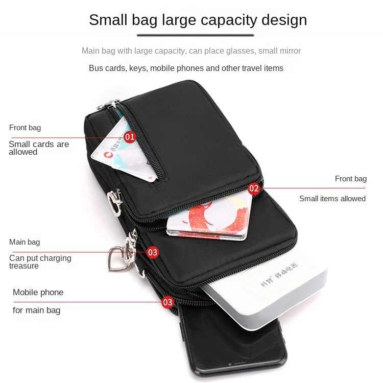 Customize Luxury Mobile Phone Case Bags Black Zipper Mini Card Purse Wallet Pouch Crossbody Shoulder Bag Women Phone Bag