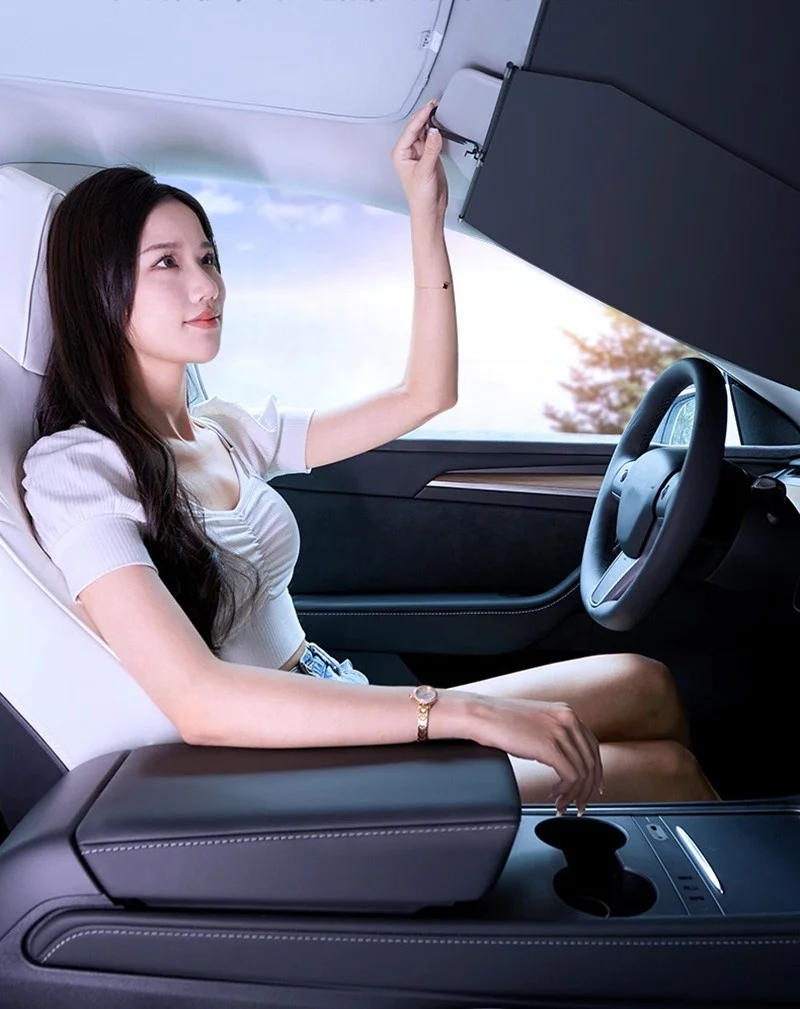 Retractable car sunshade, block UV rays & sun heat insulation, alloy dual bars adjustable car windshield sun shade