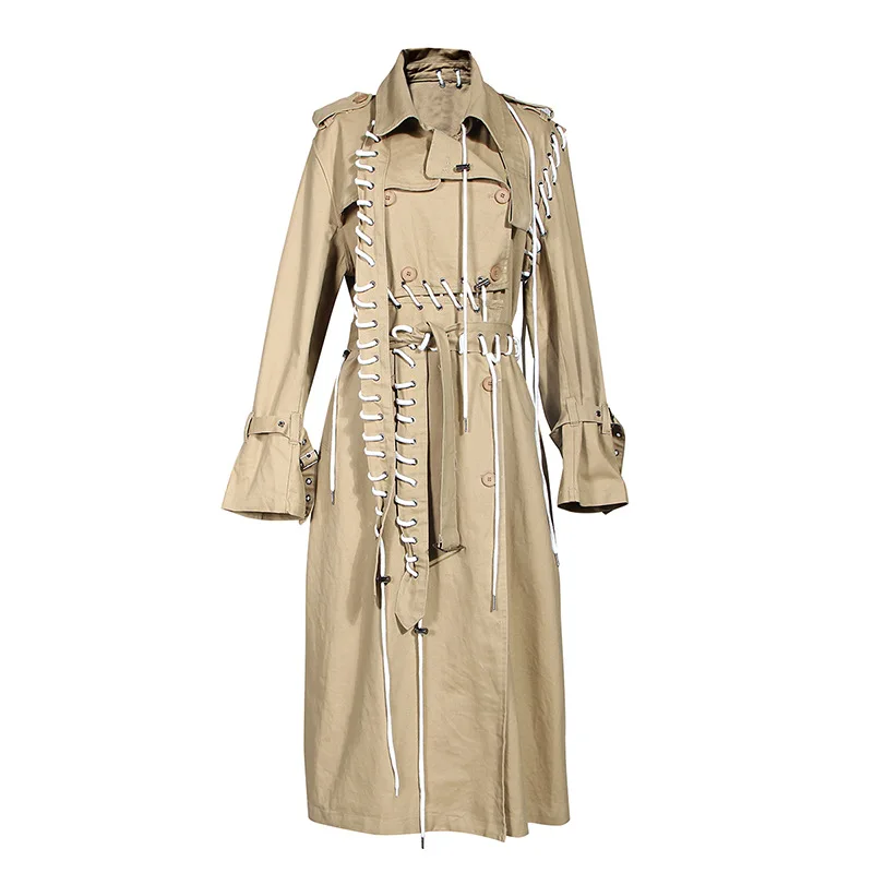 Y2K Style Women's Plus Size Jacket Long Sleeve Wind Coat Wear Trench Coat Boyfriend Design Strings Decoration Street Woven