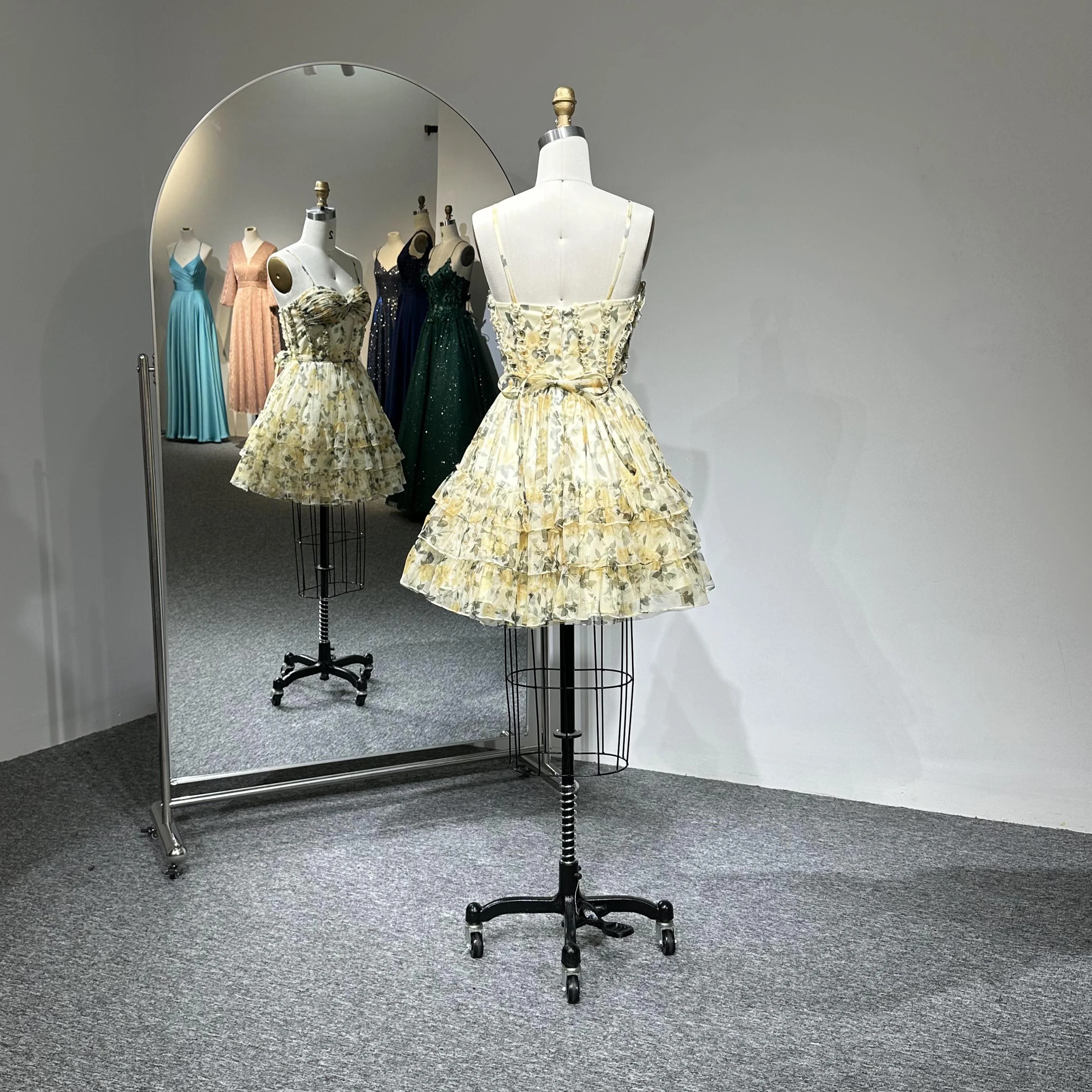 Breathtaking Beauty Mini Pleats Yellow Sheer Organza Short Cocktail Party Dress