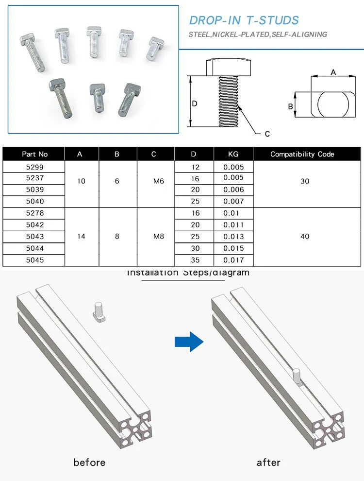 china manufacturer customs oem odm  M6*12/16/20/25 30 drop in t bolt t stud m6 m8 for shelf aluminum profile workbench  robot ro