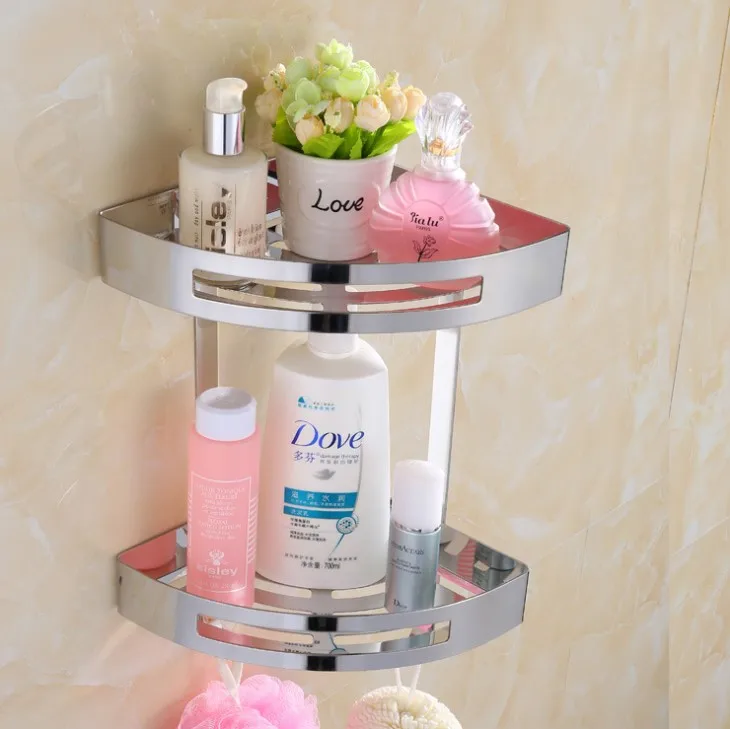 2-Tier Stainless Steel Wall-Mounted Bathroom Organizer Functional Corner Shower Shelf