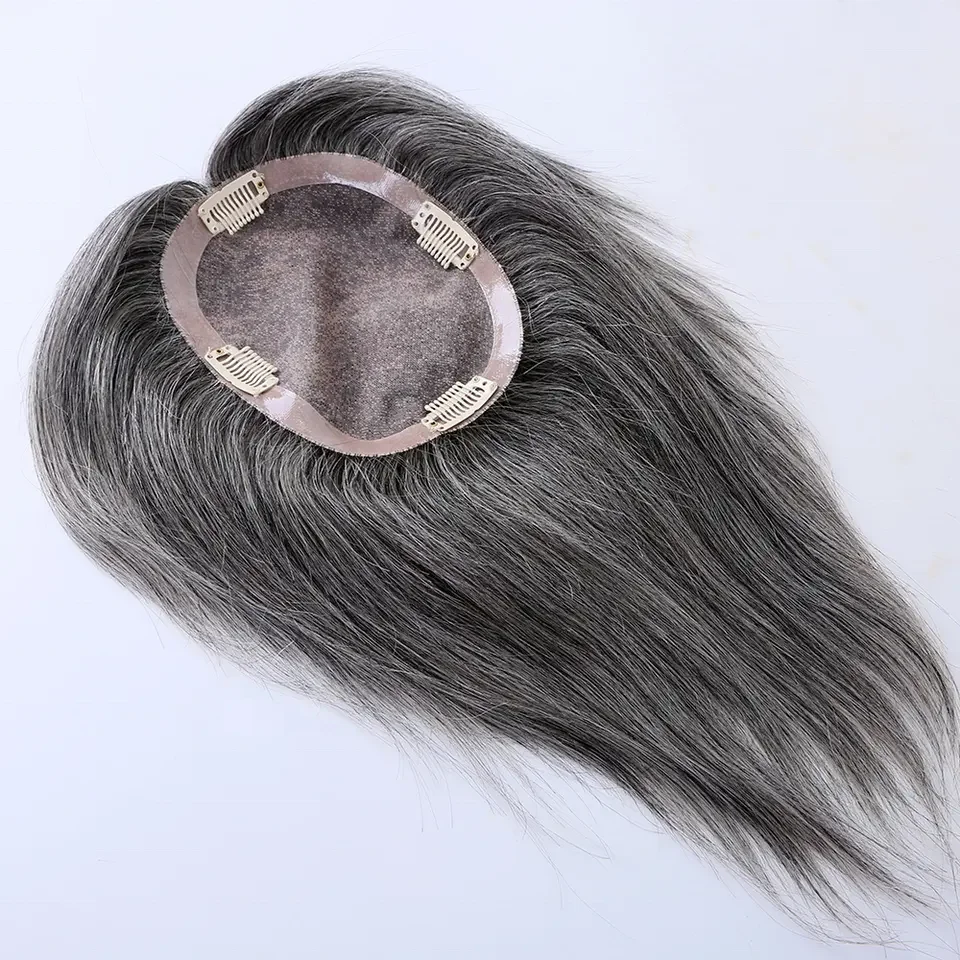 Top Grade Chinese 5x6.5 size Human Hair Salt and pepper Color Silk Straight Mono Base Hair Toppers for thinning hair