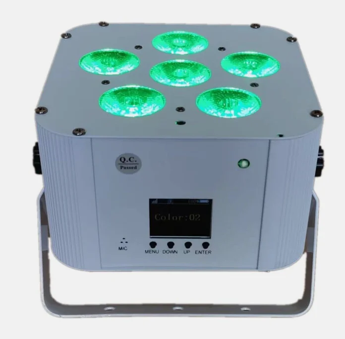 Experience the ultimate in flexibility with  6X18W Battery Power Wireless DMX LED Flat Par featuring Wifi and remote operation