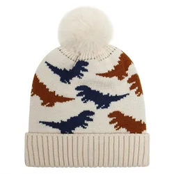 New Design Winter Baby Beanies Hats Custom High Quality Thick Warm Pom Pom Dinosaur Knitted Baby Kids