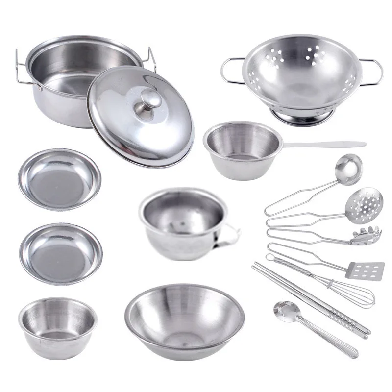 2023 Hot Selling Mini Incl Cooker Cookware Stainless Steel Kitchen Set Toys miniature kitchen toy set for real cooking kids toys